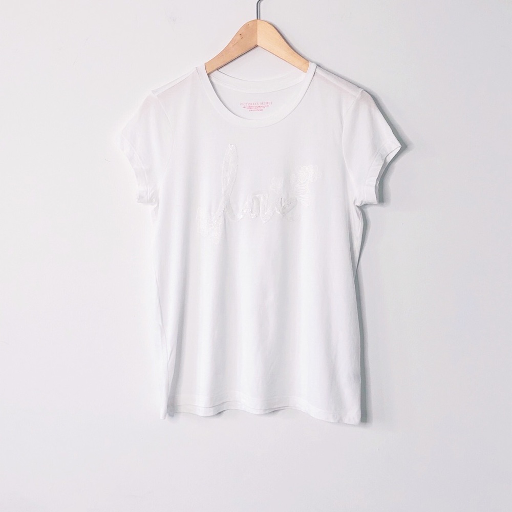 Victoria’s Secret White Pima Cotton Modal Tee Love Sequin Floral Lightweight Top